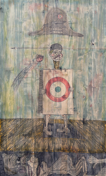 Mathis Collins
*Artiste policier cible de toutes les critiques, Artiste policier hué, Artiste policier mort de rire*, 2020
Lime wood, tint
200 x 360 x 3 cm - © &copy; Beno&icirc;t Mauras, Paris Internationale