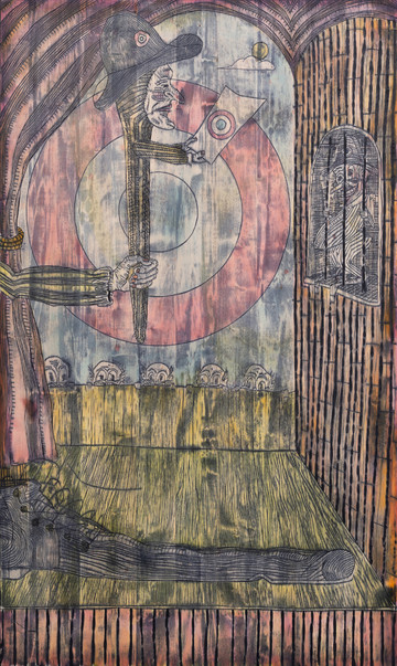Mathis Collins
*Artiste policier cible de toutes les critiques, Artiste policier hué, Artiste policier mort de rire*, 2020
Lime wood, tint
200 x 360 x 3 cm - © &copy; Beno&icirc;t Mauras, Paris Internationale