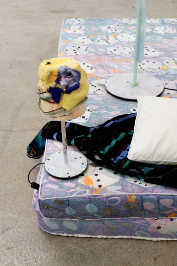 Anne Bourse
*Chaque après-midi je me demande ce que tu fais ce soir quand le jour est presque fini*, 2019
Ink, silk dye, ballpoint pen, water marker, acrylic paint, digital print, silk, acrylic velvet fabric, foam, pillow, lampshades
190 × 90 × 170 cm - © &copy; Aur&eacute;lien Mole, Paris Internationale