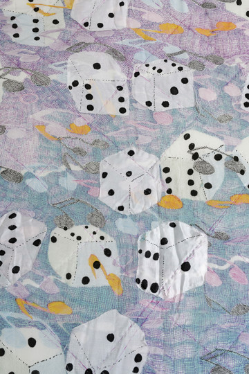 Anne Bourse
*Chaque après-midi je me demande ce que tu fais ce soir quand le jour est presque fini*, 2019
Ink, silk dye, ballpoint pen, water marker, acrylic paint, digital print, silk, acrylic velvet fabric, foam, pillow, lampshades
190 × 90 × 170 cm - © &copy; Aur&eacute;lien Mole, Paris Internationale