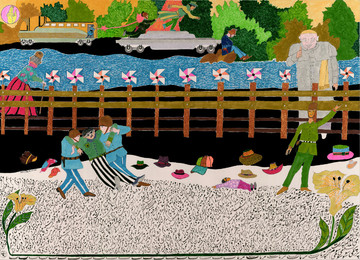 Soldiers who have no identity rather than being merely soldiers, carry a furious, feeble man to the left corner of the painting, on a surface covered by written words. Another man has fainted out and several hats dispersed on the ground. Beneath the written part, there are two flowers on the left and right side of the painting, the roots or stems of which are bound together delicately to make a closed frame. The corner flowers, in contrast to the other graphically represented ones, depicted this time as natural. Another soldier on the right side of the painting shakes his hand toward us or the audience outside the frame of the painting’s story. Something like security rules and there shouldn’t be any worries.Probably the lower part of the painting is a sidewalk on which the pedestrians are strolling and staring to the bishop standing beyond fence, behind the soldier. A smile of satisfaction can be seen on his lips because of the crowd.Colored gigs are installed on the fence. On a similar level to the bishop, an old woman is walking and looking at the area behind the bishop and over the river.Beyond the river, there is a forest-like landscape. Across the river, on the opposite side, two tanks or war vehicles can be recognized. A soldier is running after a person who is fleeing, as if playing a role in a musical piece. And finally, in the upper left corner of the painting, encompassed in a circle, there is a hand pointing to the sky. The hand seems to be placed apart from the whole narrative of the painting. It’s out of the story. An allegory of Christ that is reminiscent of faith. - © Courtesy of the artist & Delgosha Gallery, Paris Internationale