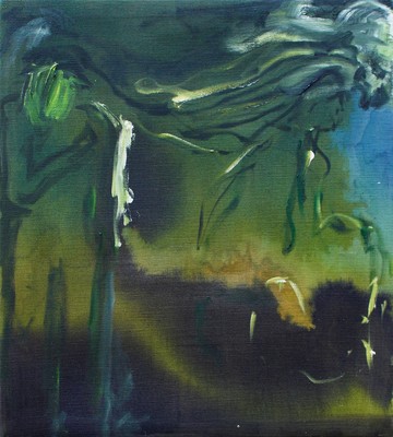 We Spill into the World 1, 2021 Fabric Dye, Acrylic Resin and Oil Paint on Canvas 50 x 45 cm. - © Paris Internationale