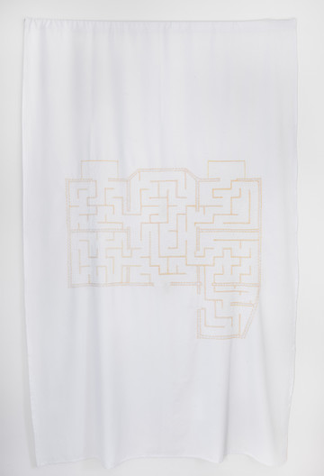 Stéphanie Saadé, We’ve Been Swallowed by Our Houses, 2020, Aghabani embroidery on cotton cloth, 240 X 140 cm, Variation 2/3
During lockdown, the artist measured her apartment in Lebanon and drew a map of it, which she then turned into a navigable labyrinth. It is embroidered using a traditional technique composed of chain-stitches and spiral patterns. - © Image courtesy of the artist and Grey Noise, Dubai, Paris Internationale