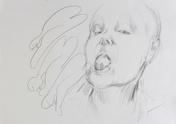 Andrea Éva Győri, Bold Head With Tongue (3), 2019, pencil and gouache on paper, 29,7 x 42 cm. Photo: Robert Glas. - © Photo: Robert Glas., Paris Internationale