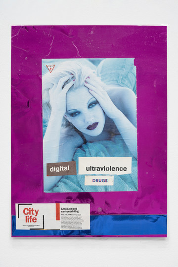 Richard Sides
Untitled (Drew Barrymore digital ultraviolence DRUGS City life Keep calm...), 2018
laminated mixed media
60 × 42,5 cm - © Paris Internationale