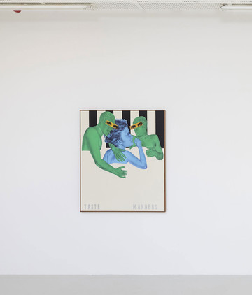 Zoe Barcza, Polycule Cringe, 2021. (Installation view)
Acrylic, vinyl paint and collage on canvas, artist's frame. 121 x 101 cm - © Paris Internationale
