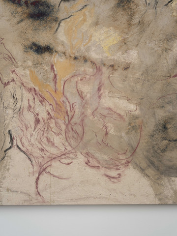 Monia Ben Hamouda, Detail of *Blindness, Blossom and Desertification II*, 2023; Mixed media on linen (Hibiscus, green lalo, ashes, charcoal, paprika, red clay, soil); 236 × 195.5 cm, Photo by Marjorie Brunet Plaza - © The Artist and ChertLüdde, Berlin, Paris Internationale