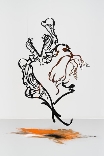 Monia Ben Hamouda, *Hitting (Aniconism as Figuration Urgency)*, 2023, Laser cut iron, spice powders, 209 × 141 × 0.03 cm, Photo by Marjorie Brunet Plaza - © The Artist and ChertL&uuml;dde, Berlin, Paris Internationale