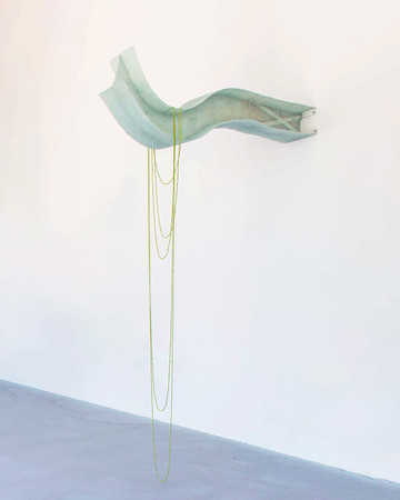 Sofía Salazar Rosales, *When the axial skeleton decides to speak*, 2023
Glass aggregate, polyglass, resin, fiberglass, vinyl glue, metal and seed beads
271 × 196 × 25.5 cm, Photo by Tiphaine Popesco - © The Artist and ChertL&uuml;dde, Berlin, Paris Internationale