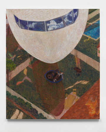 Henry Curchod Living under the flight path, 2023 Oil and charcoal on linen 200 x 170 cm 78 3/4 x 66 7/8 in - © Courtesy of the Artist and Gallery Vacancy, Shanghai  
Photo: Ollie Hammick, Paris Internationale