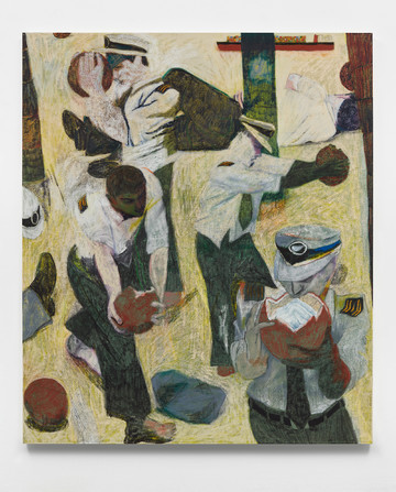 Henry Curchod, Airport Bar, 2023, Oil and Charcoal on linen, 200x170 cm 78 3/4 x 66 7/8 in - © Courtesy of the Artist and Gallery Vacancy, Shanghai  
Photo: Ollie Hammick, Paris Internationale