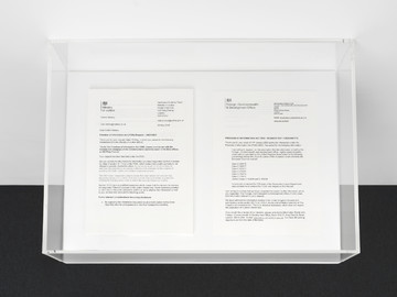 Ceidra Moon Murphy
*PIT (S. 31 and 32)*, 2024
Printed documents, vitrine
Section 31: Law enforcement.
Section 32: Court records, etc.
15.5 x 56 x 40 cm, 6 1/8 x 22 x 15 3/4 in
AS-MURPC-0016 - © Courtesy of the artist and a. SQUIRE, London. Photo: Ben Westoby., Paris Internationale