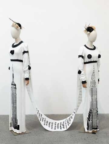 *Codependent City Women Dress*, 2024
Cotton connected dresses, porcupine quill hair pieces by Sonny Molina, mannequins - © Paris Internationale