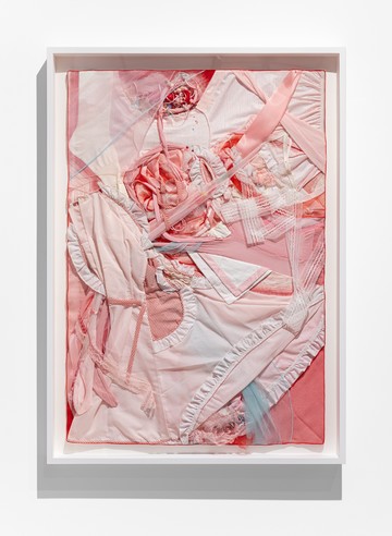 <div style="color:#ff00ff;">Bonnie Lucas<br>
Pink dress #2, 1984<br>
assemblage on fabric<br>
38 1/2 x 26 1/4 x 1 1/2 inches</div> - © Paris Internationale