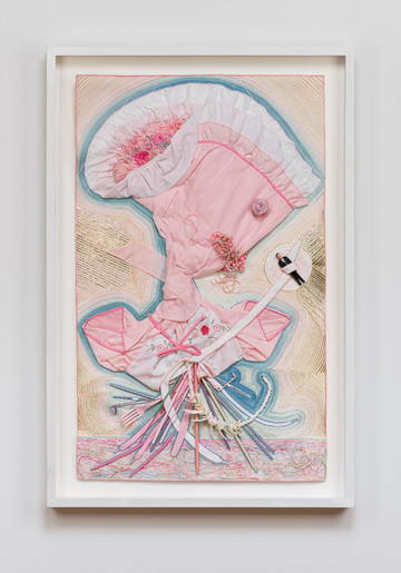 <div style="color:#ff00ff;">Bonnie Lucas<br>
Lucky Lady, 1985<br>
assemblage on fabric<br>
34 1/2 x 21 1/4 x 1 1/4 inches</div> - © Paris Internationale