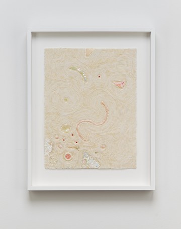 <div style="color:#ff00ff;">Bonnie Lucas<br>
Untitled, 1978-79<br>
assemblage on fabric<br>
11 x 8 1/2 inches</div> - © Paris Internationale