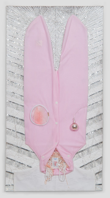 <div style="color:#ff00ff;">Bonnie Lucas<br>
New Man, 1984<br>
assemblage on fabric<br>
29 1/2 x 15 1/2 x 1 inches</div> - © Paris Internationale