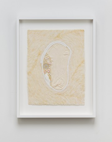 <div style="color:#ff00ff;">Bonnie Lucas<br>
Untitled, 1978-79<br>
assemblage on fabric<br>
11 x 8 1/2 inches</div> - © Paris Internationale