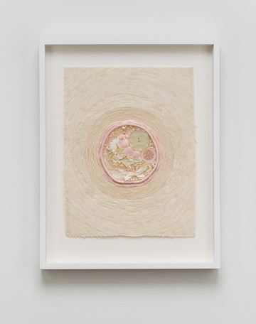 <div style="color:#ff00ff;">Bonnie Lucas<br>
Untitled, 1978-79<br>
assemblage on fabric<br>
11 x 8 1/2 inches</div> - © Paris Internationale