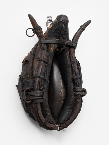 FU Liang_Cocoon_2024_Leather, ceramic, steel, organic painting, 68 × 48 cm_LINSEED - © FU Liang, *Cocoon*, 2024, Leather, ceramic, steel, organic painting, 68 &times; 48 cm &copy; FU Liang &ndash; Courtesy of the Artist and LINSEED, Paris Internationale