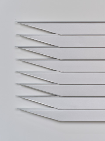 Jiyoon Chung *White Lie*, 2024  aluminum roller shutter end 38.5 x 80 x 1 cm - © Paris Internationale