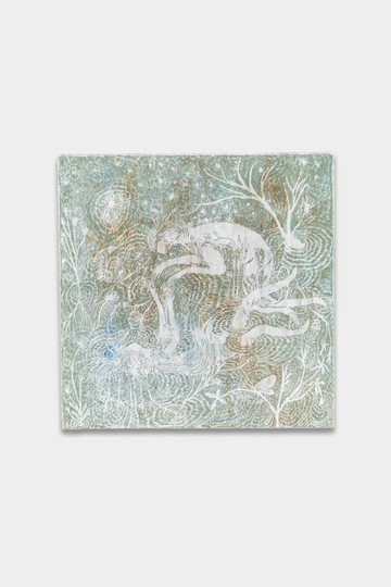 *To the Bottom of the River*, 2022	
Panel, river sand, oyster shell lime, pigment, cement	
53 × 53 × 4 cm	
20 7/8 × 20 7/8 × 1 5/8 in - © Courtesy of the Artist and Gallery Vacancy, Paris Internationale