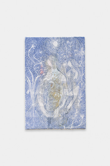 *Shallow Water Conversation*, 2024
Wood panel, river sand, shell lime, pigment, cement
48.6 × 32.1 × 2.4 cm
19 1/8 × 12 5/8 × 1 in - © Courtesy of the Artist and Gallery Vacancy, Paris Internationale