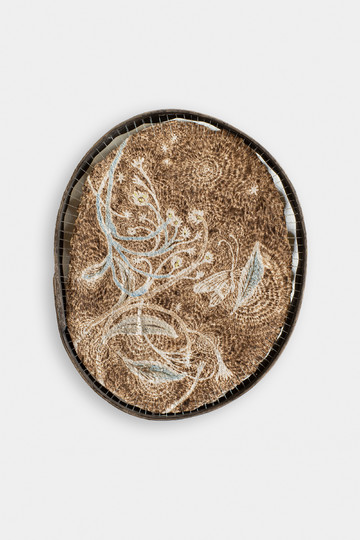 *Butterfly Taking a Break II*, 2024	
Oak wood, Jerusalem artichoke, kozo, pigments, embroidery thread	
32 × 26 × 5 cm	
12 5/8 × 10 1/4 × 2 in - © Courtesy of the Artist and Gallery Vacancy, Paris Internationale