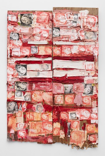 Peter Gallo, *Possession*, 2023–2025, oil, acrylic, and inkjet prints on found wood, 51 1/2h x 33w in, 130.81h x 83.82w cm - © Paris Internationale