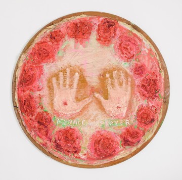 Peter Gallo, Menace & Prayer (Rimbaud/P. Smith), 2025, oil on fabric on board, 23h x 23w in, 58.42h x 58.42w cm - © Paris Internationale