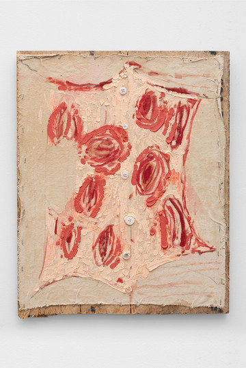 Peter Gallo, *St. Sebastian*, 2023, oil and buttons on canvas stapled to panel, 24h x 19 1/2w in, 60.96h x 49.53w cm - © Paris Internationale