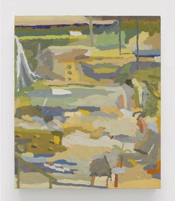 Mariel Capanna, Stepladder, Waterfall, High-Rise, Road, 2025, oil and marble dust on linen on panel, 13h x 11w in, 33.02h x 27.94w cm - © Paris Internationale