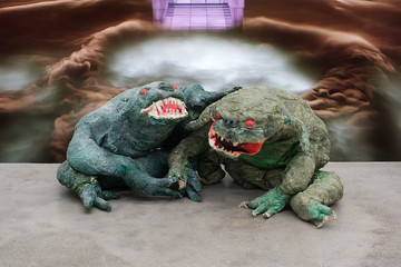 Monster Chetwynd, *Zuul*, 2025
Paper, fabric, cardboard, acrylic, latex, print
Objects ca. 75 × 220 × 95 cm, Print dimensions variable - © Courtesy of the artist &amp; Galerie Gregor Staiger, Zurich / Milan, Paris Internationale