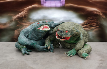 Monster Chetwynd, *Zuul*, 2025
Paper, fabric, cardboard, acrylic, latex, print
Objects ca. 75 × 220 × 95 cm, Print dimensions variable - © Courtesy of the artist &amp; Galerie Gregor Staiger, Zurich / Milan, Paris Internationale