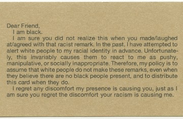 Adrian Piper
My Calling (Card) #1, 1986
Video documented performance
Courtesy of Courtey and Collection of the Adrian Piper Research Archive (APRA) Foundation. Courtesy of the Adrian Piper Research Archive Foundation. - © Paris Internationale