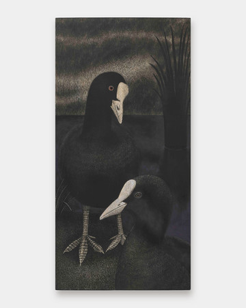 Shumu, Coot and Spirit, 2025, Woodcut and ink, 92 x 46cm - © Paris Internationale