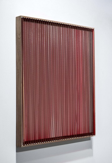 Rosa Barba
"Weavers", 2025
Pellicola rossa 16mm, chiodi e cornice in noce
16mm red film, nails and walnut frame
cm 62,5 x 52,5 x 6
in 24,61 x 20,67 x 2,3 - © Paris Internationale