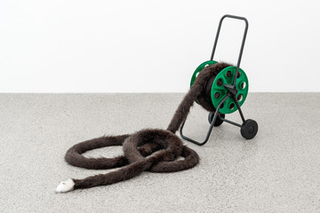 Nicole Wermers, Domestic Tail (black brown, white tip, 11m), 2025
Handsewn faux fur tail, polystyrene filling, thread, hose reel, Dimensions variable (86.5 x 47 x 40 cm) - © Paris Internationale