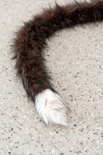 Nicole Wermers, Domestic Tail (black brown, white tip, 11m) (detail), 2025
Handsewn faux fur tail, polystyrene filling, thread, hose reel, Dimensions variable (86.5 x 47 x 40 cm) - © Paris Internationale
