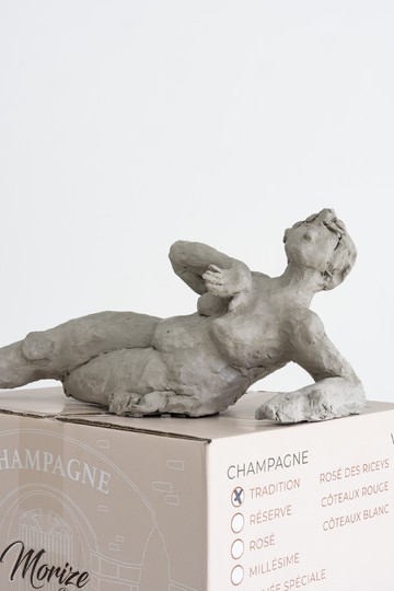 Nicole Wermers, Proposal For a Monument to a Reclining Female! #26 (detail), 2026
Reinforced air dry clay, cardboard boxes, wood, 140 × 35 × 27.5 cm - © Paris Internationale
