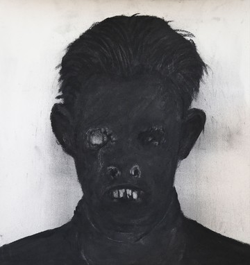 Felix Shumba, Telephone Reader - III, 2025. Charcoal on paper, 56,5 x 56,5 cm approx. C.sy the Artist and Galleria Fonti, Naples - © C.sy the Artist and Galleria Fonti, Naples, Paris Internationale