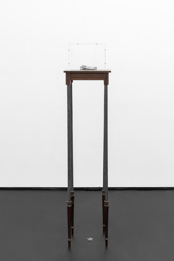 Antique artist's furniture, polished cast aluminum, acrylic box, steel, ash, 156 × 35 × 24 cm. Courtesy the artist and Mountains, Berlin - © Julie Becquart, Paris Internationale