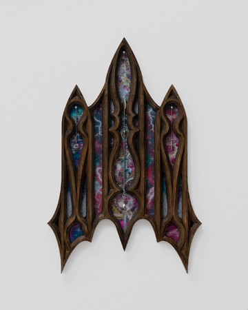 Dew Kim, Pierced Grace 01, 2026, Mixed media with wood, lenticular, and aluminum casting, 58x38x3 cm - © &copy;Dew Kim, Paris Internationale