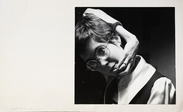 a collage with a black-and-white self-portrait of the artist with a handwritten inscription spelling 'outside hands' - © courtesy the artist, Paris Internationale