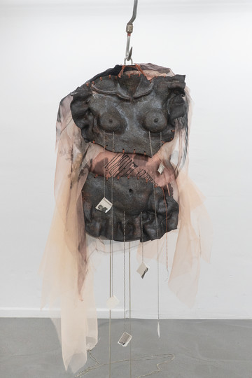 Caroline Ricca Lee, Autonomous desire (2026), hand-painted ceramics, garments collected, stolen or inherited, coffee, textiles, various threads, cotton rope, suspension clip and metal chains - © Paris Internationale