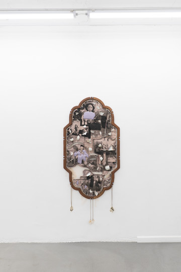 Caroline Ricca Lee, Random Access Memory (2026), wood, broken ceramics and tules, photos of know and unknown relatives (Chine c.1960-65), textiles, 165 x 75 cm - © Paris Internationale