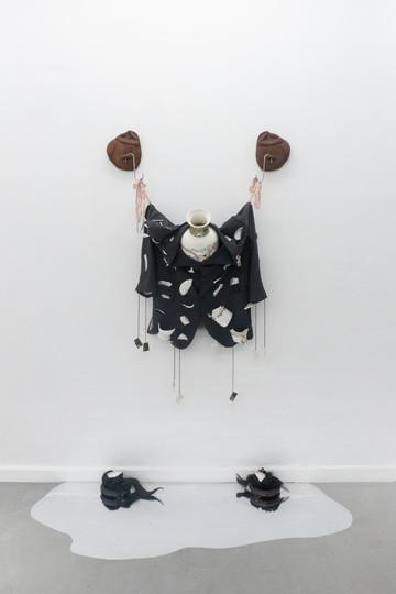 Caroline Ricca Lee, Silken Mirages (2026), wood, broken ceramics and tiles, sugar, objects and garments collected, stolen or inherited, photos of know and unknown relatives (China c.1960-65), textiles, threads, metal chains, cotton rope - © Paris Internationale