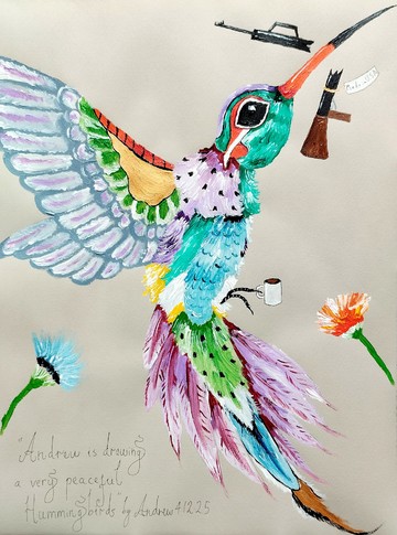 Andrew Gilbert, 'Andrew is drawing a very peaceful Hummingbird', 2025, acrylic, watercolor and fineliner on paper, 42 × 30 cm | 16 1/2 × 11 3/4 in, photo by the artist - © Andrew Gilbert &amp; Sperling, Munich, Paris Internationale