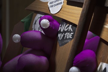 Square Street Gallery is pleased to present IV Chan's 'The Good, the Bed and the Snuggly.'  Peek through the curtain. In a derelict room, two energies, purple and green, are copulating on a broken baby bed. The viewer becomes a voyeur. IV Chan draws on Georges Bataille’s exploration of eroticism, where denying the drive to reproduce and transgressing the taboo transcend us into erotic rather than pure animal sexuality. Here the taboo transgressed is a perceived and imposed purity, embodied in references to childlike innocence: stickers reading “Suck My Toe” and “Cry Louder” slide from baby behaviour into sexual innuendo. Chan refutes the moralization that frames sexuality as purely reproductive, made clear by the broken crib. Violence is inherent in the deliberate loss of self at climax: forms intertwine so fiercely they spill out, invading their surroundings as a destructive force. Through desiring the little death, we experience the plethora of life. This collision becomes a stage where subconscious fantasies and repressed childhood memories seep through. - © Photography by YC Kwan. Courtesy of the artist and Novalis Art Design, Paris Internationale