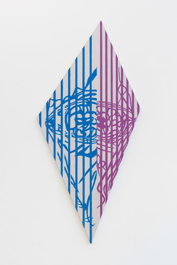 A diamond shaped canvas depicting eyes behind bars - © Photo: Stephen Faught, Paris Internationale